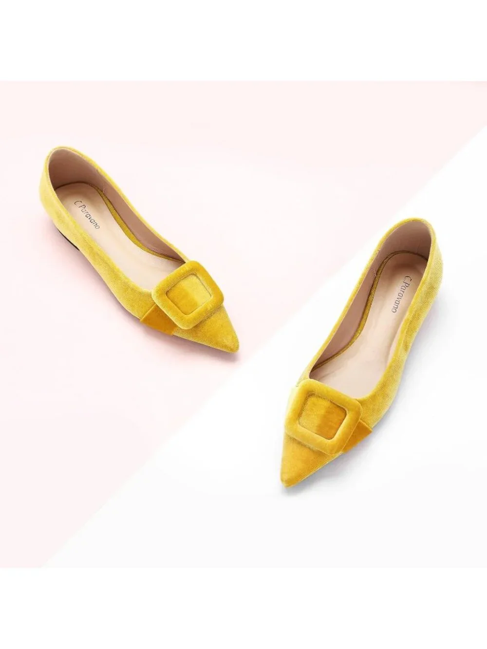 Women's Velvet Yellow Pointed Toe Square Buckle Flats Slip-On Comfortable Shoes